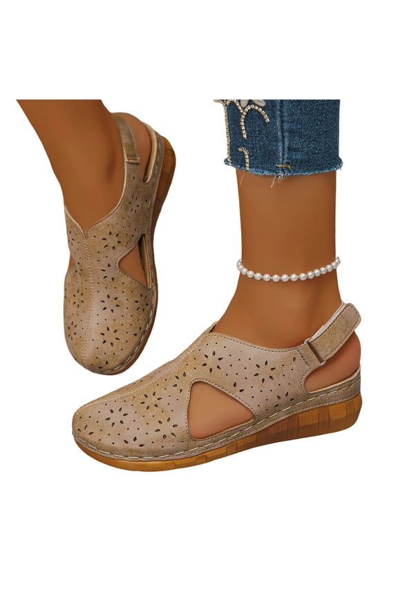 Women's Perforated Sandals Adjustable Strap Wedge Slingback Open Side Breathable Boho Summer Vacation Footwear