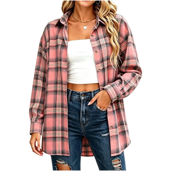 Miqool Women's Plaid Shackets Button Front Shirt Jacket Long Sleeve Lapel Collar Casual Oversized Trendy Western Cowgirl Outerwear