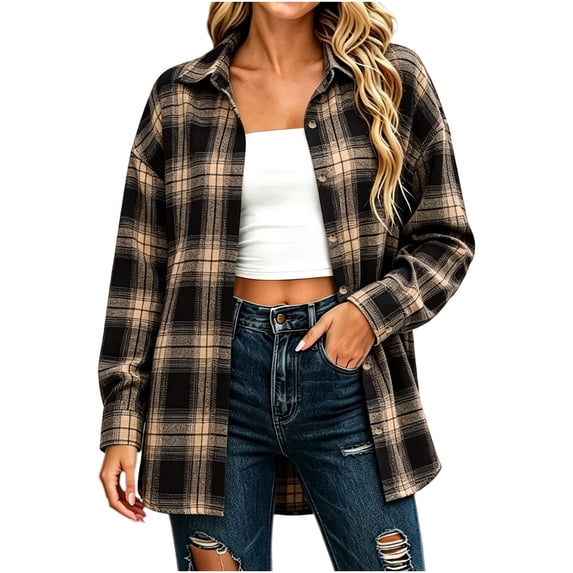 Miqool Women's Plaid Shackets Button Front Shirt Jacket Long Sleeve Lapel Collar Casual Oversized Trendy Western Cowgirl Outerwear