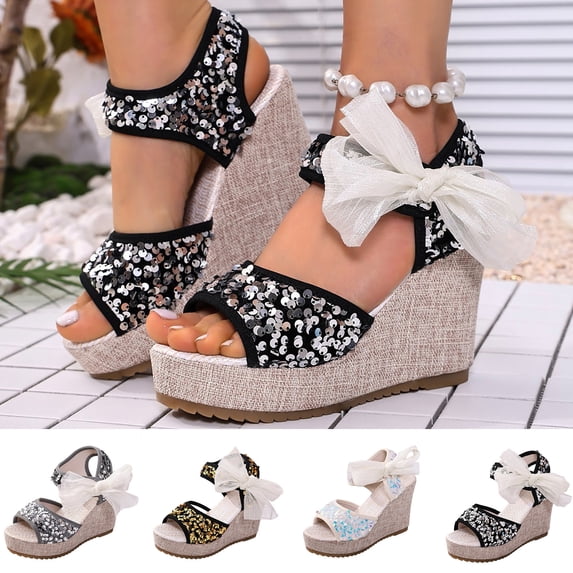 Miqool Women's Platform Wedge Heel Summer Casual Chic Peep Toe Open Toe Sequin Bowknot Thick Sole Fish Mouth Dress Shoes