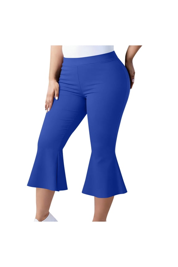 Women's Plus Size Ruffled Hem Capri Pants High Waist Summer Casual Flared Leg Stretch Yoga Capri Leggings Bell Bottoms