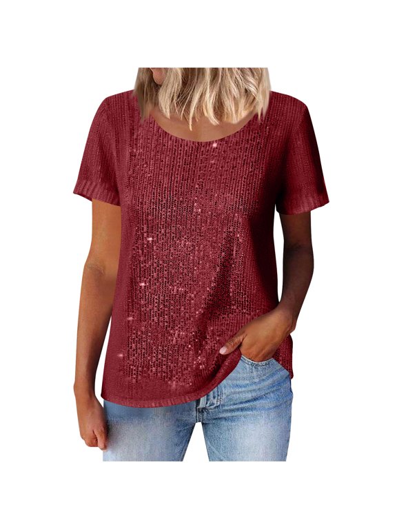 Women's Plus Size Sequin Tops V Neck Short Sleeve Tunic Tops Evening Cocktail Party Glitter Shirts Dressy Blouse Tops