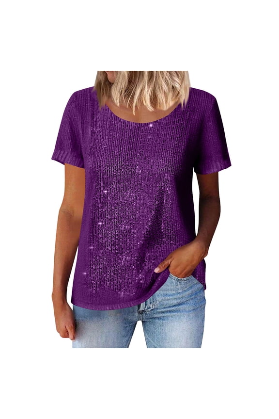 Women's Plus Size Sequin Tops V Neck Short Sleeve Tunic Tops Evening Cocktail Party Glitter Shirts Dressy Blouse Tops