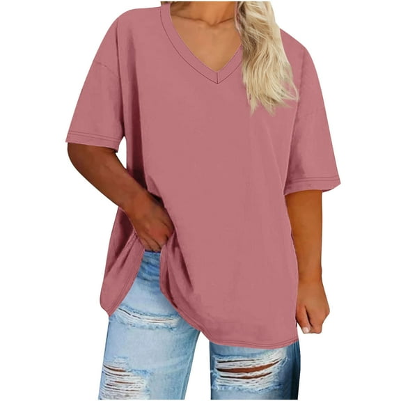 Miqool Women's Plus Size Tops Oversized T Shirts Summer Half Sleeve V Neck Solid Basic Tees Casual Loose Fit Tunic Tops(Watermelon Red, M)