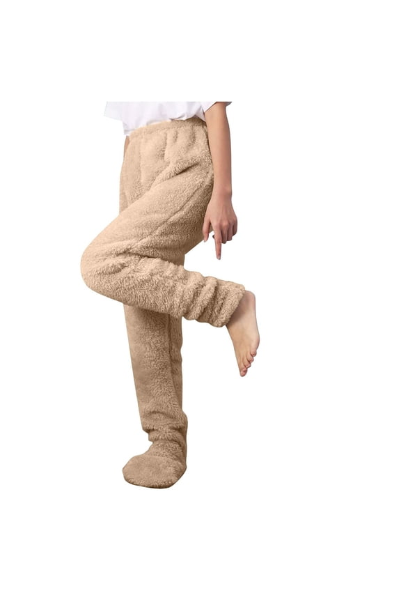 Women's Plush Footed Pajamas Pants High Waisted Fleece Footing Pj Bottoms Winter Warm Comfy Home Sleep Pants Soft Footie Pajamas Sleepwear