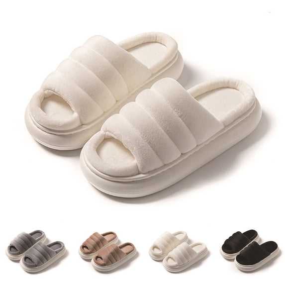 Miqool Women's Plush Open Toe House Slippers Puffy Thick Sole Cozy House Slides Soft Footbed Slip On Fuzzy Slipper