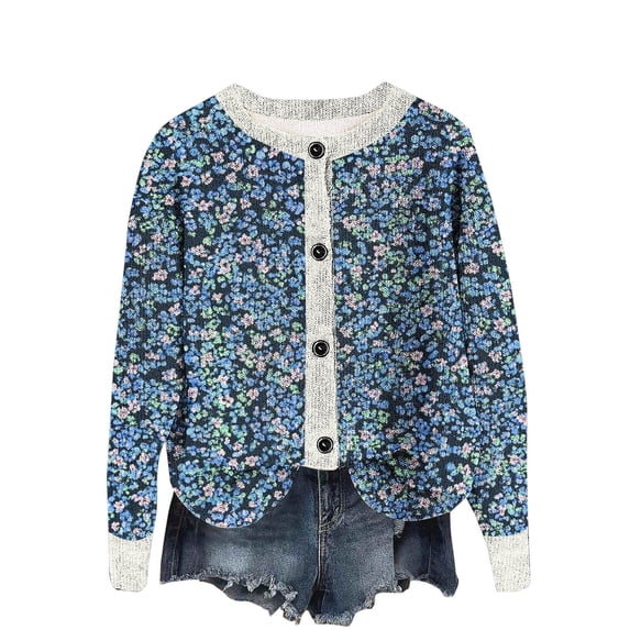 Miqool Women’s Printed Cardigan Button Long Sleeve Round Neck Hoodless Lightweight Loose Fit Top Outwear