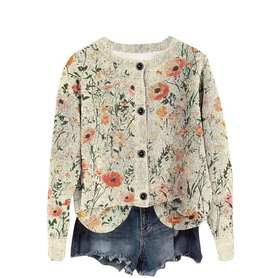 Miqool Women's Printed Cardigan Button Long Sleeve Round Neck Hoodless Lightweight Loose Fit Top Outwear