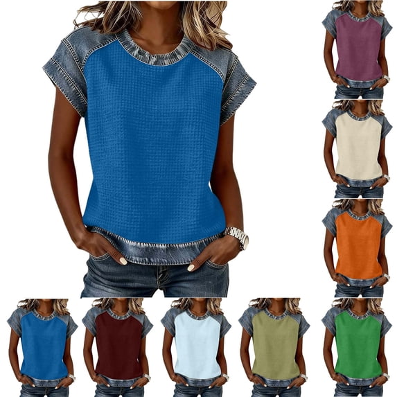 Miqool Women's Raglan Short Sleeve Waffle Knit Top Crew Neck Casual Summer T-Shirt