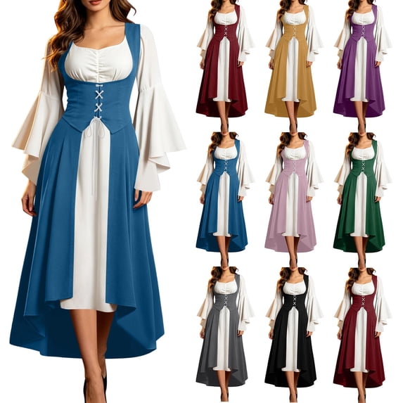 Miqool Women's Renaissance Dress Long Sleeve Square Neck Lace Up Corset Two-Tone Bell Sleeve Gothic Costume Gown