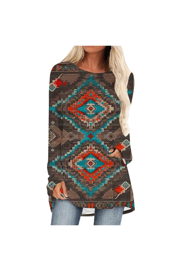 Women's Retro Aztec Geometric Print Long Sleeve Shirts Crew Neck Fall Tunic Tops Blouses Causal Loose Western Ethnic T-Shirts Graphic Tees Pullover Tops for Leggings
