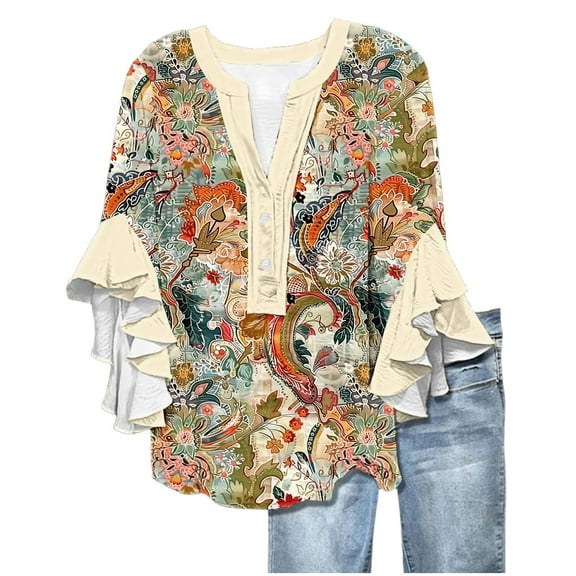 Miqool Women's Retro Floral Print Boho Tops Dressy Casual V Neck Buttons Ruffled 3/4 Sleeve Blouses Summer Vacation Beach Shirts