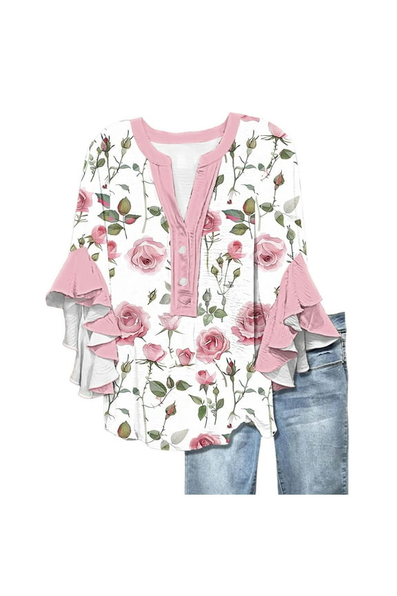 Women's Retro Floral Print Boho Tops Dressy Casual V Neck Buttons Ruffled 3/4 Sleeve Blouses Summer Vacation Beach Shirts