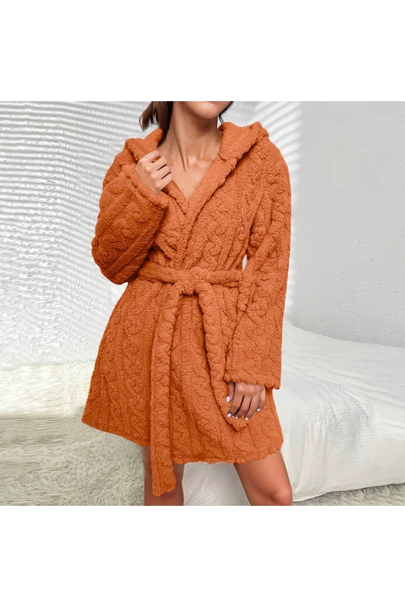 Women's Robes Knee Length Hooded Bathrobe Cute House Coats Warm Winter Lounge Bathrobe