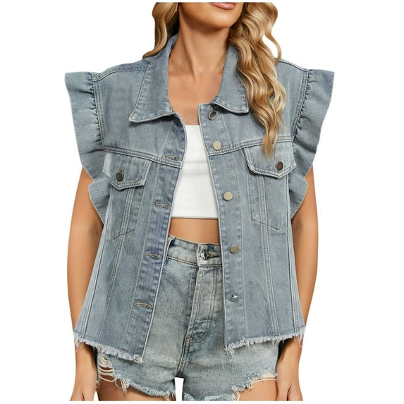 Miqool Women's Ruffled Sleeve Denim Vest Waistcoat Button Down Sleeveless Jean Jacket with Pockets Western Clothes