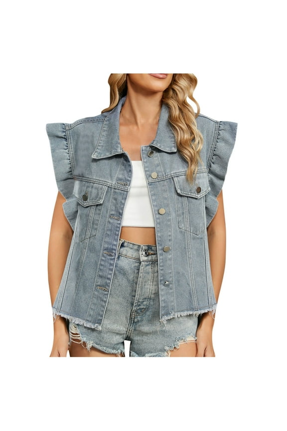 Women's Ruffled Sleeve Denim Vest Waistcoat Button Down Sleeveless Jean Jacket with Pockets Western Clothes