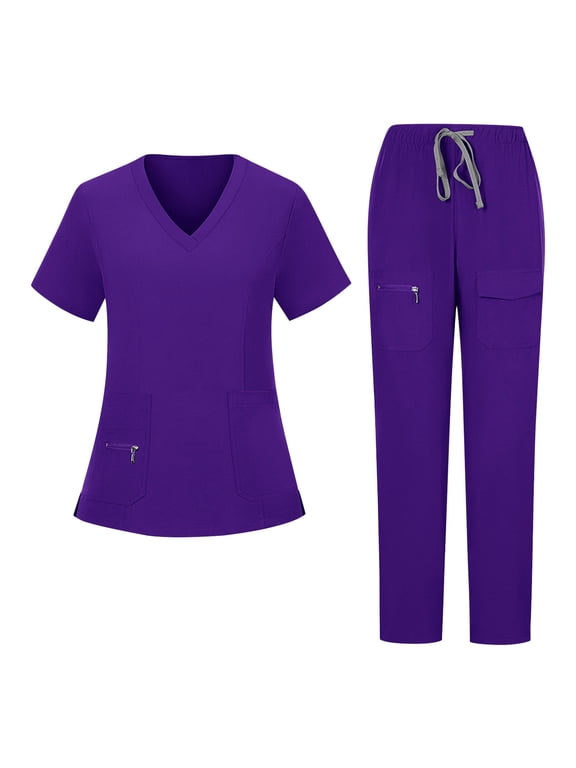 Women's Scrub Set 4-Way Stretch Soft V-Neck Scrub Top and Pants Medical Uniform with Multi Pockets for Nurse Workwear