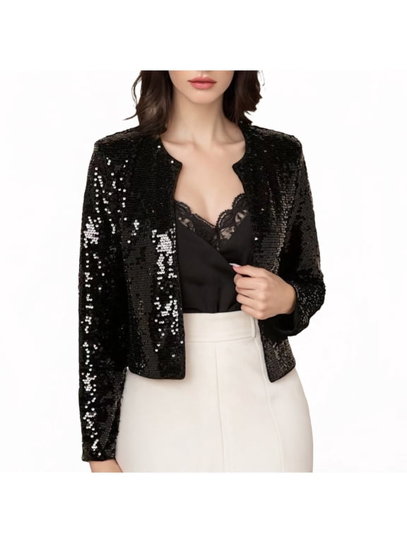 Women's Sequin Cropped Jacket Long Sleeve Open Front Glitter Sparkly Blazer Shrugs Wedding Party Disco Bolero Cardigans