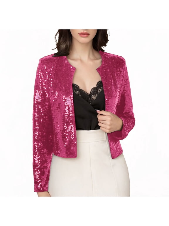 Women's Sequin Cropped Jacket Long Sleeve Open Front Glitter Sparkly Blazer Shrugs Wedding Party Disco Bolero Cardigans