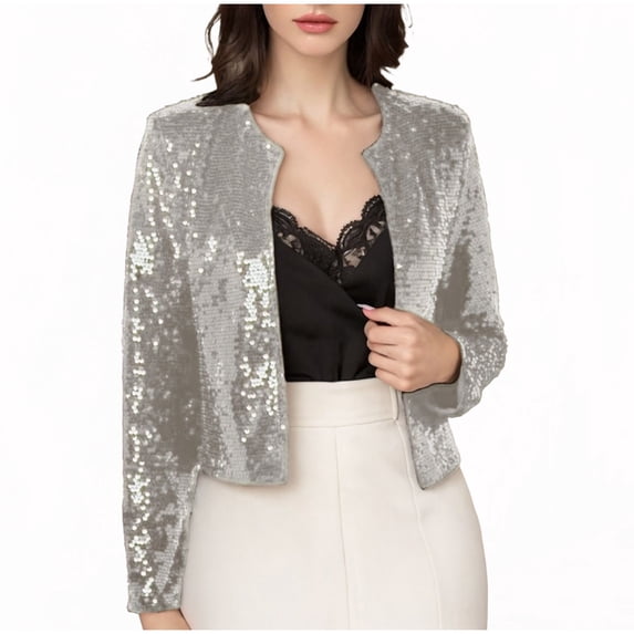 Miqool Women's Sequin Cropped Jacket Long Sleeve Open Front Glitter Sparkly Blazer Shrugs Wedding Party Disco Bolero Cardigans