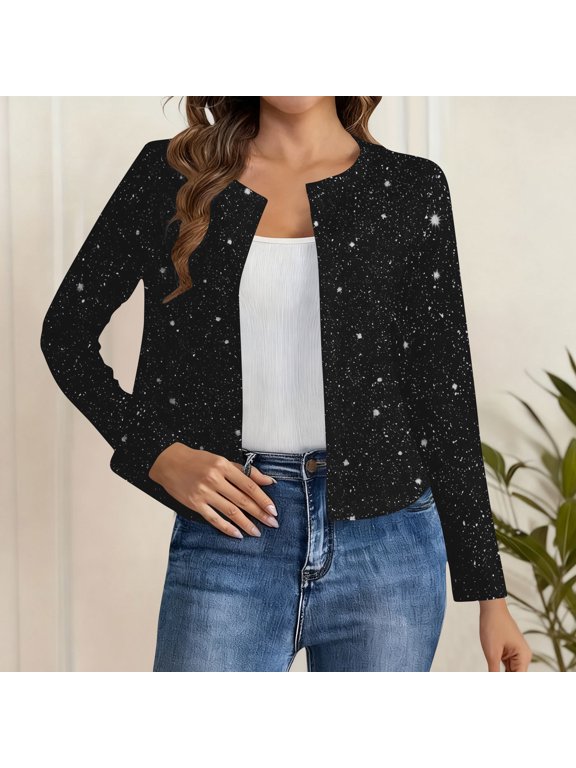 Women's Sequin Jackets Long Sleeve Open Front Jacket Cardigan Glitter Lightweight Work Office Dressy Coat Outerwear