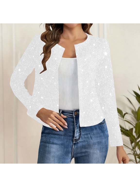 Women's Sequin Jackets Long Sleeve Open Front Jacket Cardigan Glitter Lightweight Work Office Dressy Coat Outerwear