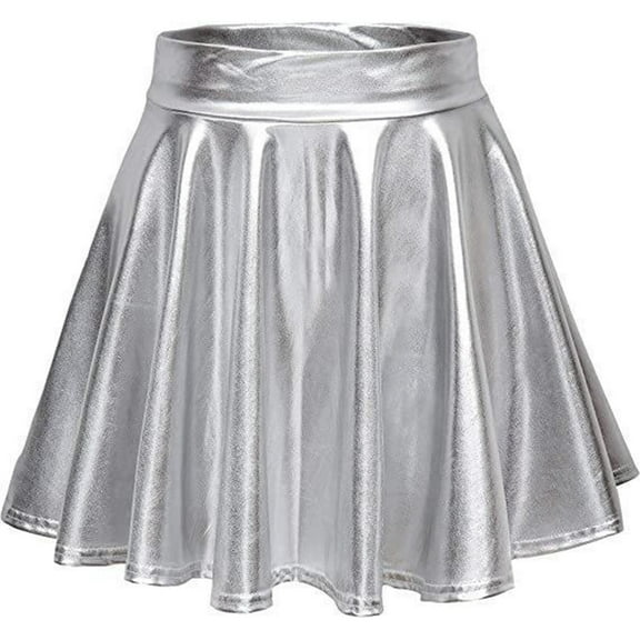 Miqool Women's Shiny Metallic Wet Look Stretchy Flared Pleated A-Line Mini Skater Skirt for Cocktail Party Club Night Out