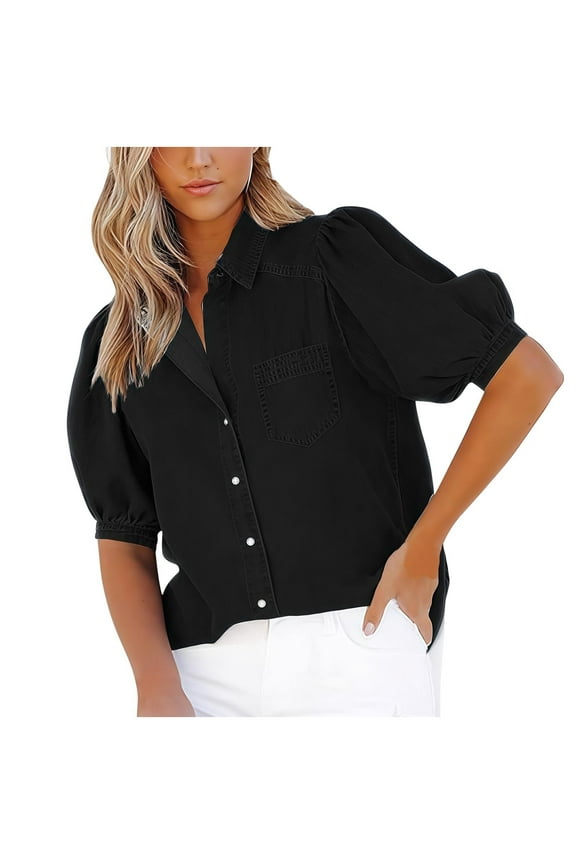 Women's Imitation Denim Shirt Summer Casual Puff Short Sleeve Loose Fit Button Down Collared Western Jean Shirts Tops with Pocket