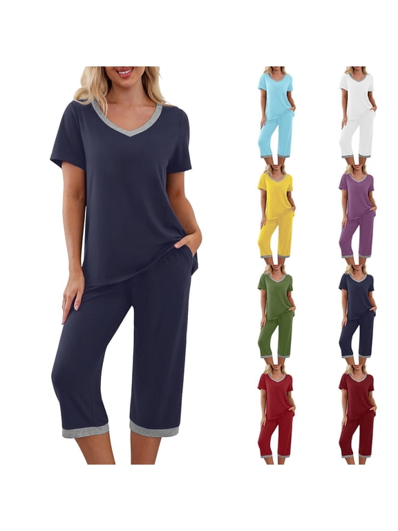 Women's Sleepwear Capri Pajama Sets Short Sleeve Soft Two-Piece Pjs V Neck Tops Capri Pants with Pockets S-3XL