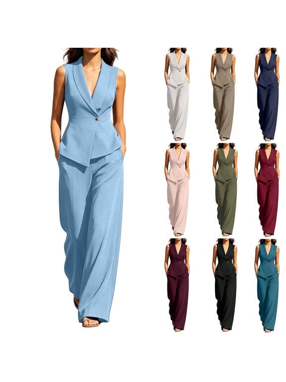 Women's Business Casual Sleeveless Blazer Sets V-Neck One Button Vest Wide Leg Pants Two Piece Suits Work Dressy Outfits