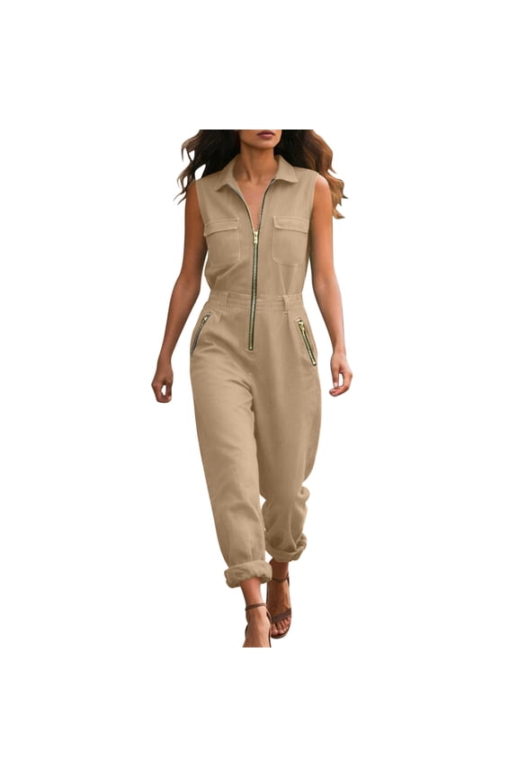 Women's Sleeveless Collared Utility Jumpsuit Front Zip Workwear Jumpsuit Casual Solid Black Slim-Fit One-Piece Romper