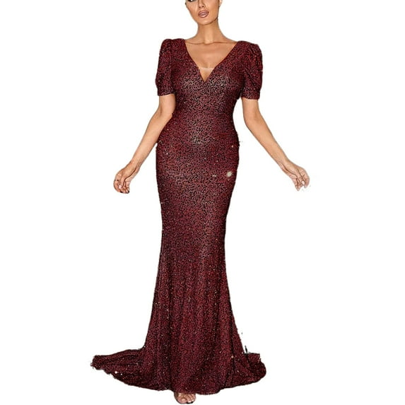 Miqool Women's Sparkly Sequin Bodycon Mermaid Maxi Dress V Neck Glitter Formal Evening Dress Cocktail Party Dress Wedding Guest Dress Prom Gowns
