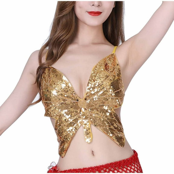 Miqool Women's Sparkly Sequin Butterfly Crop Top Sleeveless Spaghetti Strap Cami Tank Top Rave Party Glitter Tube Vest Top for Belly Dance Costume Outfits
