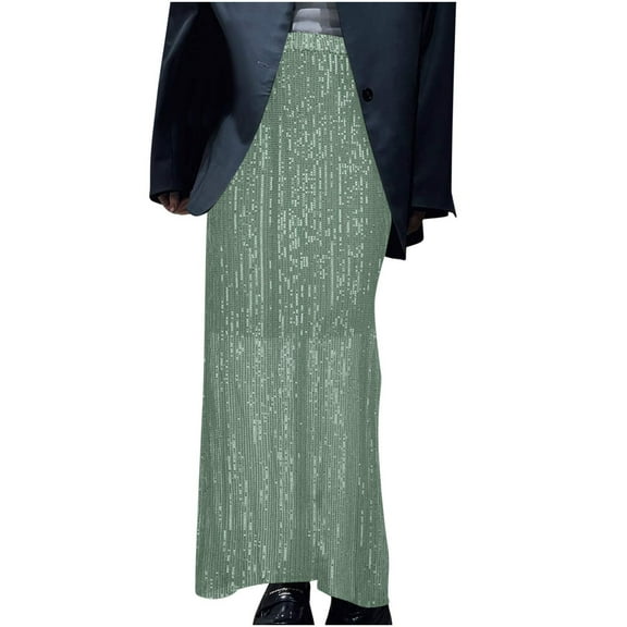 Miqool Women's Sparkly Sequin Maxi Skirt Glitter Shiny Elastic High Waisted A-Line Flowy Long Skirts Formal Evening Skirt for Night Out Cocktail Party