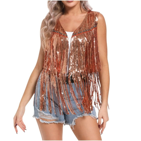 Miqool Women's Sparkly Sequin Vest with Tassel Sleeveless Open Front Waistcoat Western Glitter Fringe Vest Cardigan Jacket for Disco Party Prom