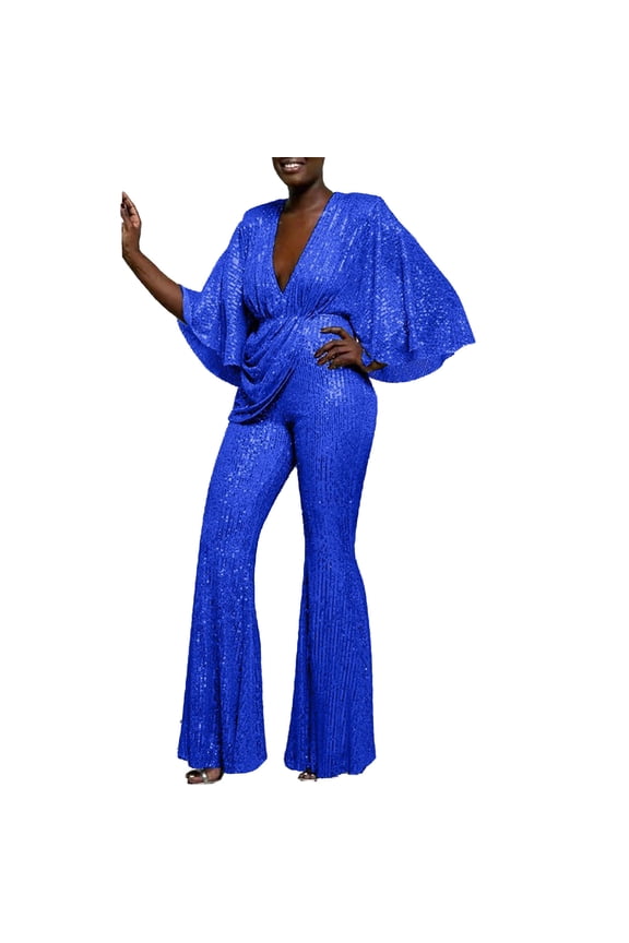 Women's Sparkly Sequins Jumpsuits Sexy Deep V Neck Bell Sleeve Elegant Bodycon Wide Leg Long Pants Rompers Cocktail Party Clubwear