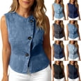 thumbnail image 1 of Miqool Women's Summer Sleeveless Denim Vest Round Neck Button Down Jean Waistcoat Casual Going Out Tops with Curved Hem, 1 of 8