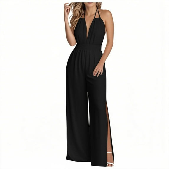 Miqool Women's Summer Sleeveless V Neck Halter Backless Jumpsuit Dressy Casual Wide Leg Long Pants Rompers One Piece Outfits with High Slit