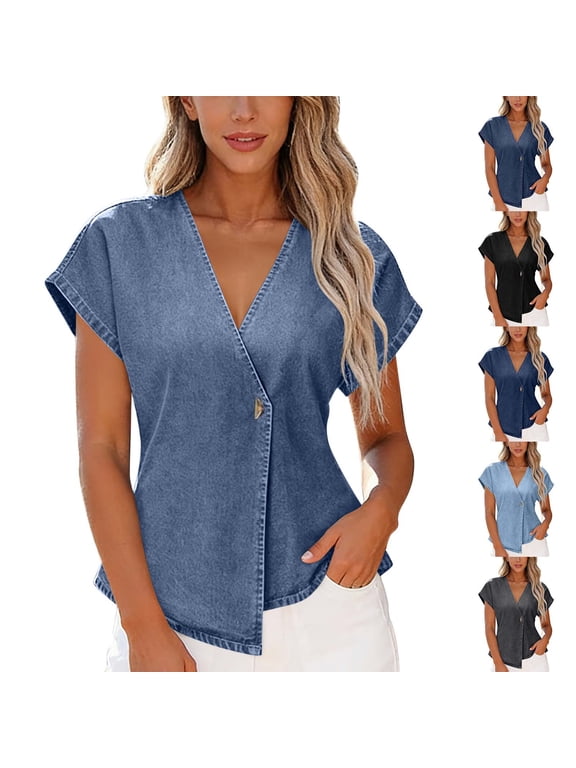 Women's Summer V-Neck Denim Blouse Button Front Hem Jean Top Loose Fit Casual Everyday Shirts
