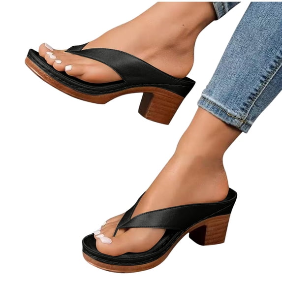 Miqool Women's Thong Heeled Sandals Open Toe Slip On Block Heel Flip Flops Comfortable Non-slip Summer Shoes Beach Vacation