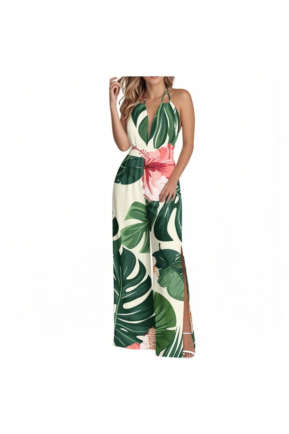 Women's V Neck Halter Backless Hawaiian Jumpsuits Sleeveless Elastic High Waist Wide Leg Rompers Overalls with High Split Beach Vacation Outfit