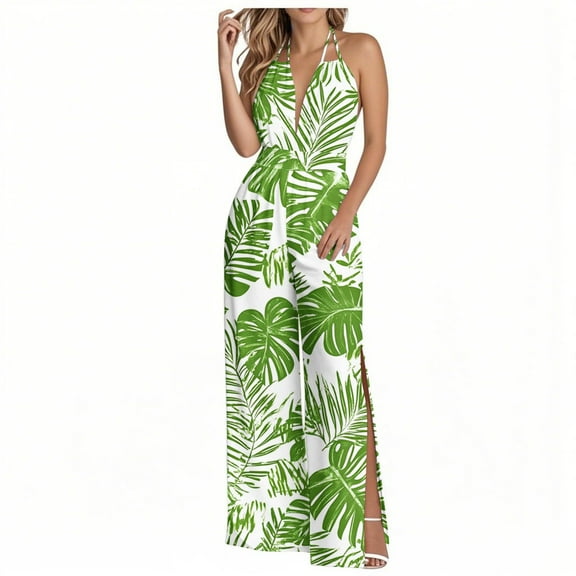 Miqool Women's V Neck Halter Backless Hawaiian Jumpsuits Sleeveless Elastic High Waist Wide Leg Rompers Overalls with High Split Beach Vacation Outfit