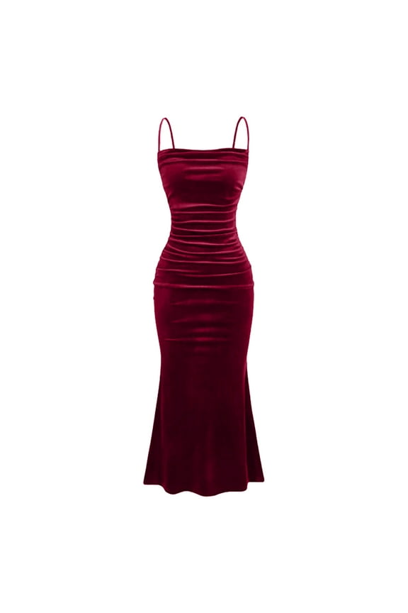 Women's Velvet Cocktail Dresses Spaghetti Straps Bodycon Ruched Mermaid Formal Dresses Evening Party Midi Dresses Prom Gown (Wine,XS)
