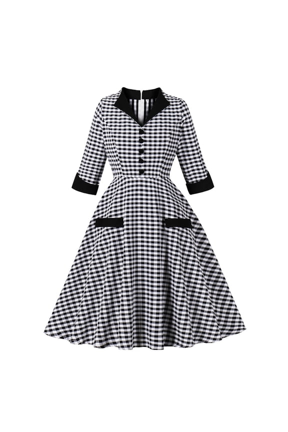 Women's Vintage Dresses Elbow Length Sleeve Collar Casual Gingham Check Print Cocktail Party A-Line Dress with Pockets
