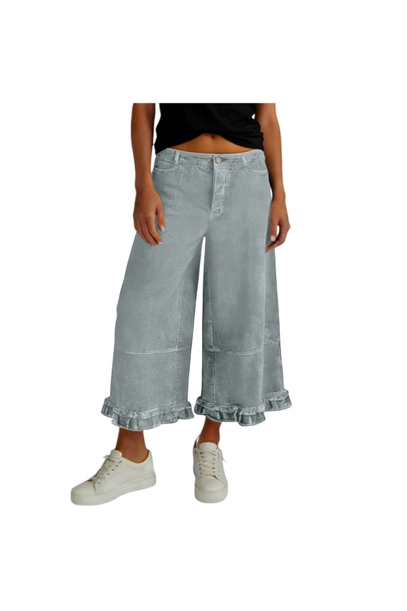 Women's Wide Leg Flowy Baggy Jeans High Waisted Loose Fit Vintage Boho Ruffle Hem Flare Denim Pants with Pockets
