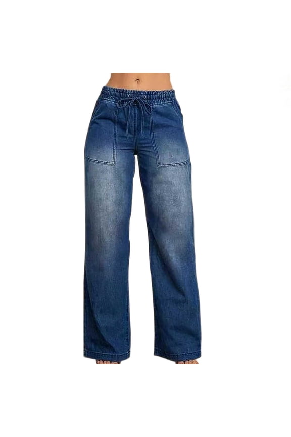 Women's Wide Leg Jeans Drawstring Elastic High Waisted Stretchy Baggy Denim Pants with Pockets