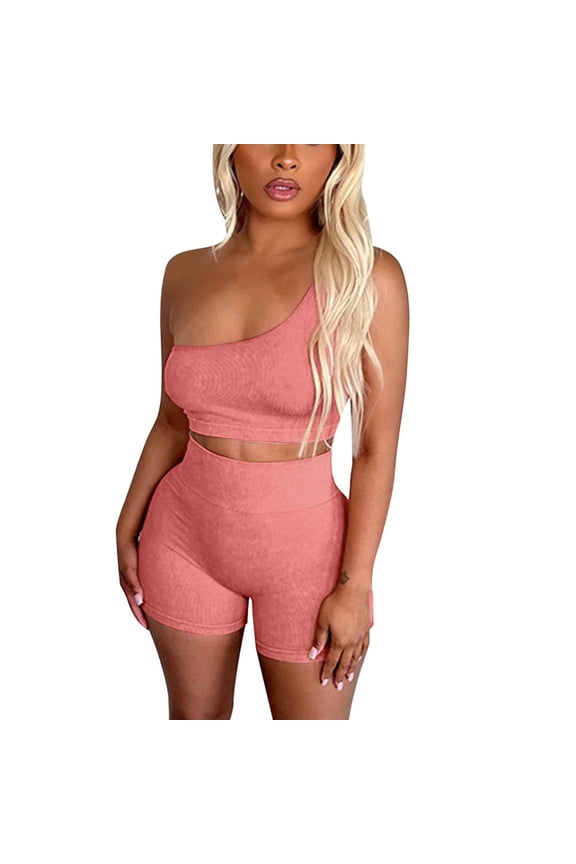 Women's Workout Sets 2 Piece Outfits One Shoulder Tank Top with High Waist Biker Shorts Matching Exercise Gym Yoga Fitness Clothes Tracksuit