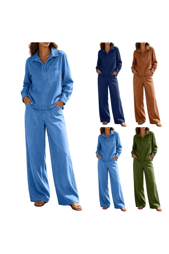 Womens 2 Piece Denim Set Collared Long Sleeve Y2k Denim Top High Waist Wide Leg Palazzo Jeans Pants Outfits with Pockets