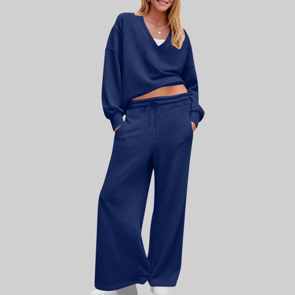 Miqool Womens 2 Piece Outfits Casual V Neck Shirts Wide Leg Running Long Pants Loose Workout Tracksuit Sets