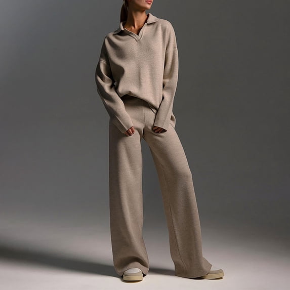 Miqool Womens 2 Piece Outfits Collar Sweater Sweatsuit Lounge Set Long Sleeve Sweatshirt with Wide Leg Sweatpants